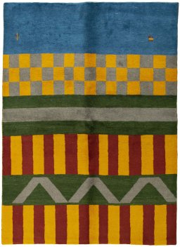 Full view of New Persian Gabbeh rug from Iran / Persia, 230 × 168 cm in Multi Color tones