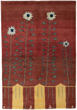 Full view of New Persian Gabbeh rug from Iran / Persia, 229 × 156 cm in Red tones
