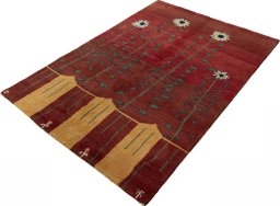 Corner detail of New Persian Gabbeh rug showing border pattern and Wool pile