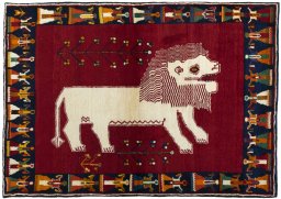 Full view of 2000s Persian Gabbeh rug from Iran / Persia, 185 × 131 cm in Red tones