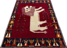 Surface texture of 2000s Persian Gabbeh rug with natural Wool and intricate pattern