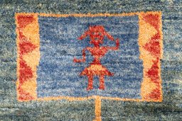 Full view of 1975s Persian Gabbeh rug from Iran / Persia, 207 × 175 cm in Blue tones