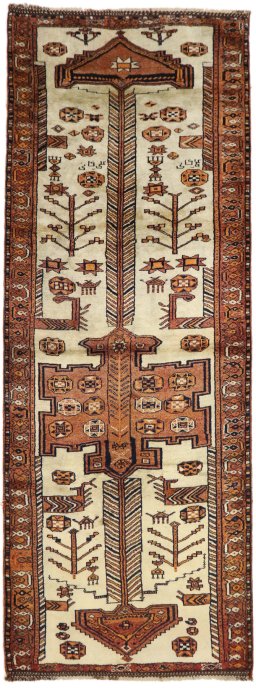 Full view of 2000s Persian Gabbeh rug from Iran / Persia, 375 × 147 cm in Beige tones