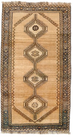 Full view of 1990s Persian Gabbeh rug from Iran / Persia, 200 × 110 cm in Beige tones