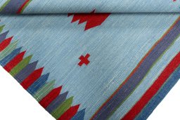 Full view of New Kilim Sofre rug from Turkey, 112 × 101 cm in Multi Color tones
