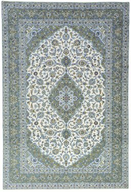 Full view of 2000s Kashan rug from Iran / Persia, 400 × 272 cm in Beige tones