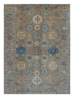 Full view of New Kazak rug from Pakistan, 379 × 276 cm in Green tones