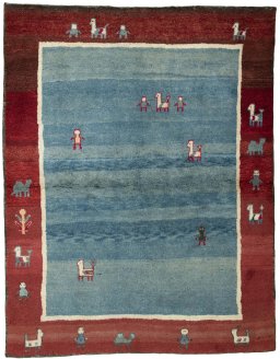 Full view of 2000s Persian Gabbeh rug from Pakistan, 198 × 155 cm in Blue tones