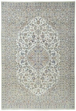Full view of 2000s Kashan rug from Iran / Persia, 350 × 242 cm in Beige tones