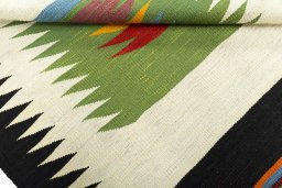 Full view of New Kilim Sofre rug from Turkey, 104 × 102 cm in Multi Color tones