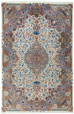 Full view of 2000s Kashmar rug from Iran / Persia, 297 × 195 cm in Beige tones