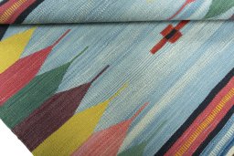 Full view of New Kilim Sofre rug from Turkey, 108 × 104 cm in Multi Color tones