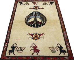 Surface texture of 2000s Persian Gabbeh rug with natural Wool and intricate pattern