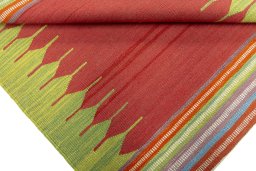 Full view of New Kilim Sofre rug from Turkey, 107 × 99 cm in Multi Color tones