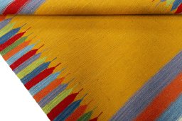 Full view of New Kilim Sofre rug from Turkey, 110 × 93 cm in Multi Color tones