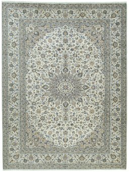 Full view of 2000s Kashan rug from Iran / Persia, 400 × 301 cm in Beige tones