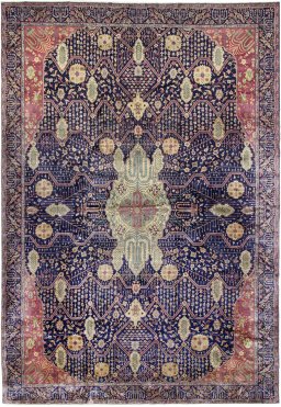 Full view of 1920s Agra rug from India, 520 × 357 cm in Dark blue tones