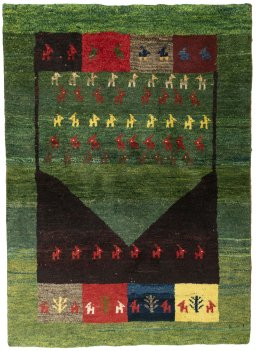 Full view of 2000s Persian Gabbeh rug from Pakistan, 150 × 108 cm in Multi Color tones