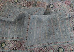 Full view of New Samarkand rug from Pakistan, 243 × 167 cm in Gray tones