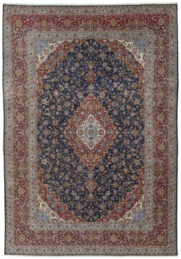 Full view of New Kashan rug from Iran / Persia, 422 × 298 cm in Blue tones