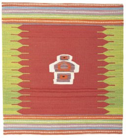 Full view of New Kilim Sofre rug from Turkey, 107 × 99 cm in Multi Color tones