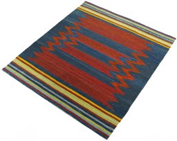 Corner detail of New Kilim Sofre rug showing border pattern and Wool pile