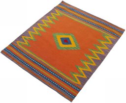 Corner detail of New Kilim Sofre rug showing border pattern and Wool pile