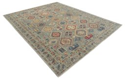 Corner detail of New Kazak rug showing border pattern and Wool pile