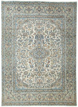 Full view of 2000s Yazd rug from Iran / Persia, 385 × 279 cm in Beige tones