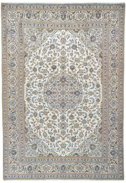 Full view of 2000s Kashan rug from Iran / Persia, 374 × 260 cm in Beige tones