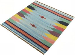 Corner detail of New Kilim Sofre rug showing border pattern and Wool pile