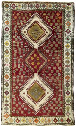 Full view of 1970s Persian Gabbeh rug from Iran / Persia, 235 × 137 cm in Red tones