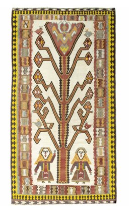 Full view of 2000s Kilim Ghashghai rug from Iran / Persia, 289 × 157 cm in Beige tones