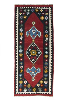 Full view of New Kilim Ghashghai rug from Iran / Persia, 229 × 100 cm in Red tones