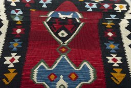 Full view of New Kilim Ghashghai rug from Iran / Persia, 229 × 100 cm in Red tones