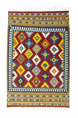 Full view of New Kilim Ghashghai rug from Iran / Persia, 219 × 146 cm in Red tones