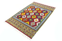 Corner detail of New Kilim Ghashghai rug showing border pattern and Wool pile