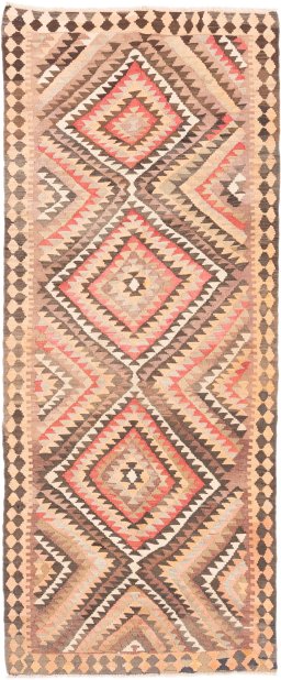 Full view of 1989s Kilim Traditional rug from Iran / Persia, 312 × 130 cm in Multi Color tones