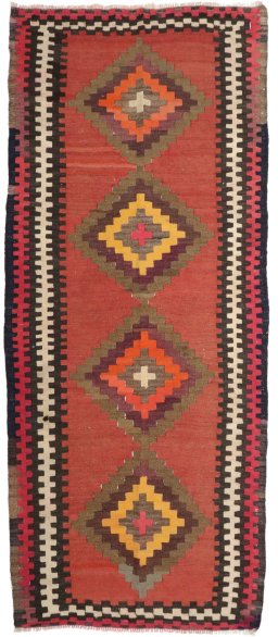 Full view of 1990s Kilim Traditional rug from Iran / Persia, 285 × 120 cm in Multi Color tones