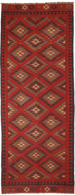 Full view of New Kilim Traditional rug from Iran / Persia, 390 × 150 cm in Red tones