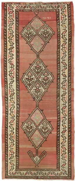Full view of New Kilim Traditional rug from Iran / Persia, 320 × 130 cm in Beige tones