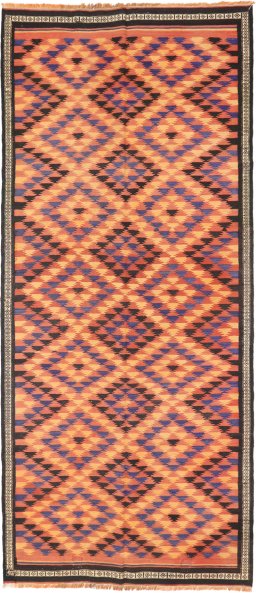 Full view of New Kilim Traditional rug from Iran / Persia, 350 × 150 cm in Multi Color tones