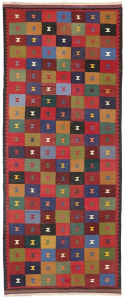 Full view of New Kilim Traditional rug from Iran / Persia, 370 × 150 cm in Multi Color tones