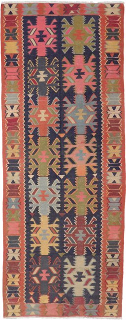Full view of 1960s Kilim Traditional rug from Iran / Persia, 390 × 150 cm in Multi Color tones