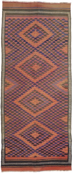 Full view of New Kilim Traditional rug from Iran / Persia, 360 × 150 cm in Multi Color tones