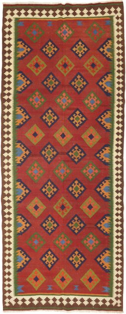 Full view of New Kilim Traditional rug from Iran / Persia, 380 × 150 cm in Multi Color tones