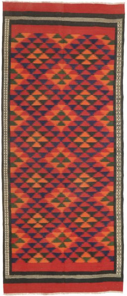 Full view of New Kilim Traditional rug from Iran / Persia, 365 × 155 cm in Multi Color tones