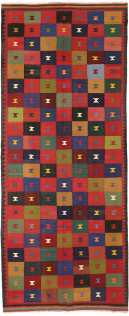 Full view of New Kilim Traditional rug from Iran / Persia, 380 × 150 cm in Multi Color tones