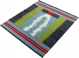 Corner detail of New Kilim Sofre rug showing border pattern and Wool pile