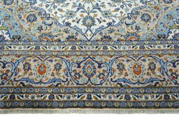 Full view of 2000s Kashan rug from Iran / Persia, 408 × 292 cm in Beige tones
